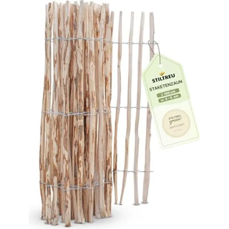 STILTREU Staketenzaun Haselnuss, 100 cm hoch, 5 Meter lang, Lattenabstand 3-5 cm, witterungsbeständig, handgefertigt