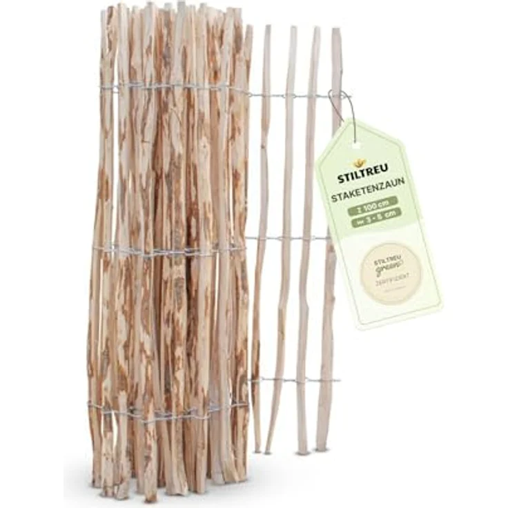 STILTREU Staketenzaun Haselnuss, 100 cm hoch, 5 Meter lang, Lattenabstand 3-5 cm, witterungsbeständig, handgefertigt – Bild 1