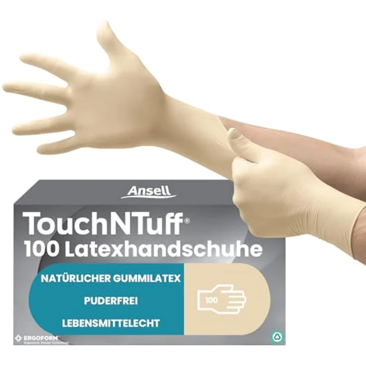 Ansell TouchNTuff 69-318 Naturgummilatex Handschuhe, Chemikalien- und Flüssigkeitsschutz, Naturfarben, Größe 8 (100 Handschuhe pro Spender) – Bild 2
