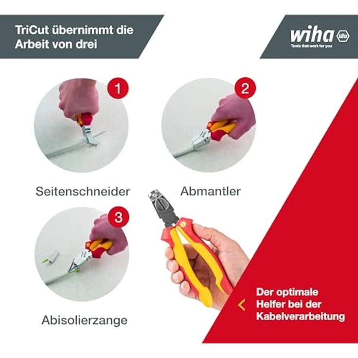 Wiha Installationszange TriCut Professional electric VDE (38552), Seitenschneider  Abisolierzange  Abmanteln, Kombizange isoliert, Elektrikerzange, für Abzweig- und Verteilerdosen, 170 mm – Bild 2