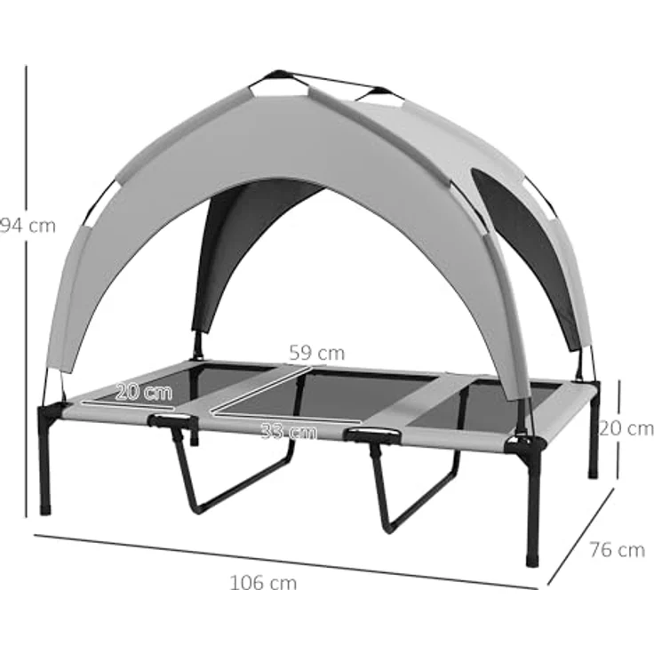 PawHut Erhöhtes Hundebett mit Baldachin, Haustierbett, Outdoor Hundeliege mit Dach, Atmungsaktiv, für große Hunde Hellgrau Oxford 106 x 76 x 94 cm – Bild 5