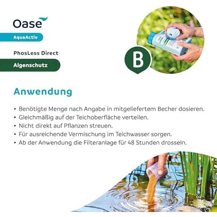 OASE 43148 AquaActiv OASE AquaActiv PhosLess Direct Algenschutz 500 ml - schnell wirksamer Phosphatbinder bindet überschüssige Phosphate im Teich Gartenteich Schwimmteich Koiteich Fischteich – Bild 6