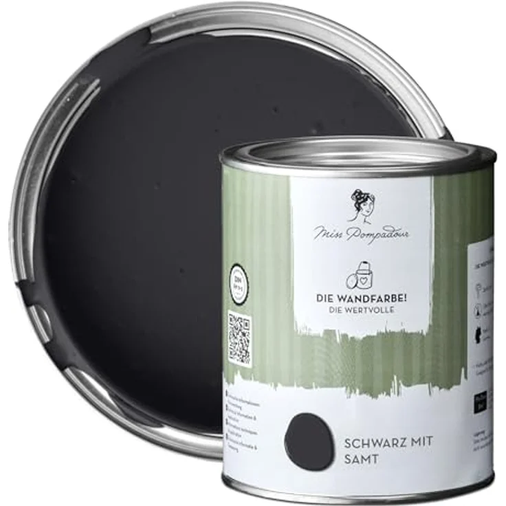 MissPompadour Wandfarbe Schwarz mit Samt, matte Innenfarbe mit sehr hoher Deckkraft, geruchsneutral und spritzfrei, 1 L – Bild 1
