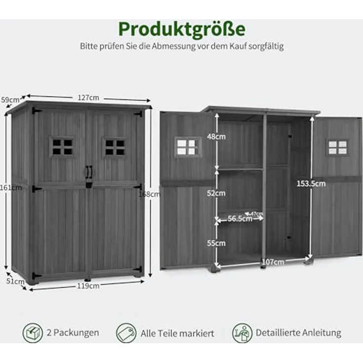 M MCombo Gartenschrank Holz 127×59×168 cm, Wetterfestes Gerätehaus mit 2 Abteilen, Grau – Bild 3