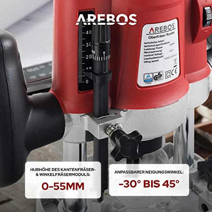 AREBOS Oberfräse 1200 Watt und 12 Fräser im Koffer - Holz Fräse Fräsmaschine Hand Kanten Fräser - rot – Bild 3