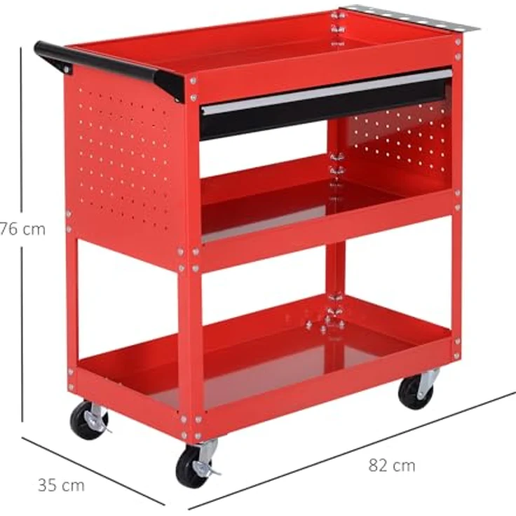 HOMCOM Werkzeugwagen Werkstatt-Rollwagen, 3 Ebenen, max. Traglast 60 kg, schwarz-rot, 82 x 35 x 76 cm – Bild 7