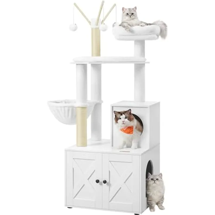 Feandrea Kratzbaum mit Katzenklo-Schrank, 151 cm hoch, 2-in-1 Katzenbaum, Schrank für Katzentoilette, Sisalstämme, abnehmbaren Plüschbällen, wolkenweiß