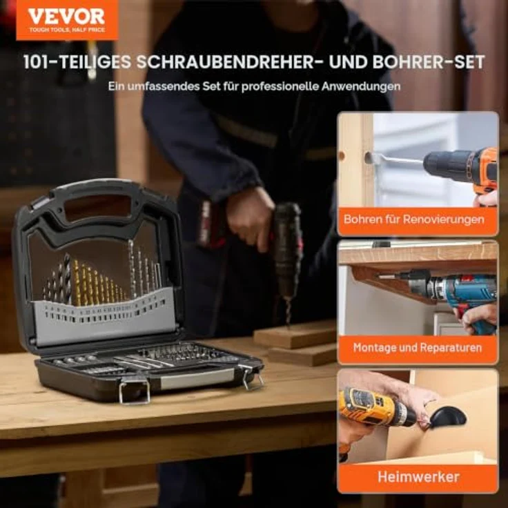 VEVOR 101-teiliges Bohrerset, Bohrer- und Schrauberbit-Set mit Hochwertigen HSS und CR-V Bits, Tragkoffer mit geordneter Aufbewahrung – Bild 2