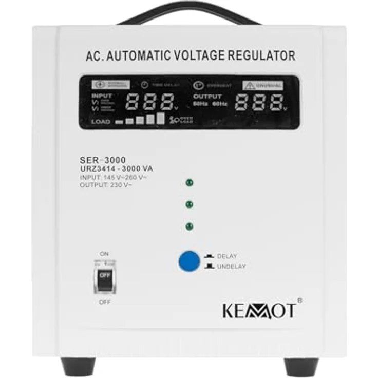 KEMOT SER-3000, Automatischer Spannungsregler 230 V einphasig mit Schutzfunktionen und robustem Design, weiss – Bild 3