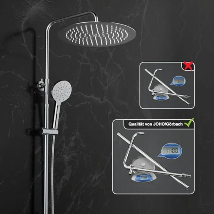 JOHO 304 Edelstahl Duschsystem, Chrom Regendusche Set mit Wandhalterung, Duschkopf und Schlauch, Runde Kopfbrause D30 cm, wassersparend, verstellbare Duschstange – Bild 4