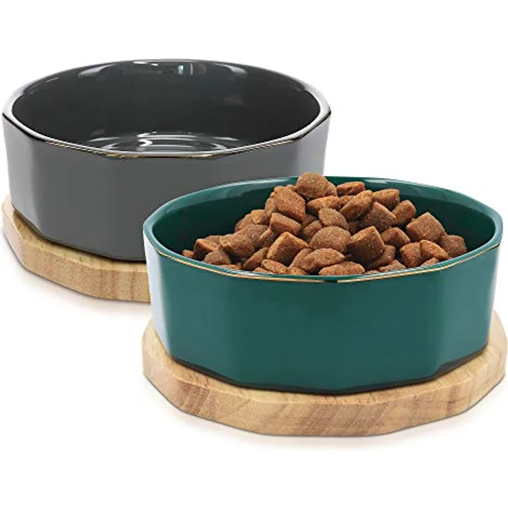 Navaris Fressnapf Futternapf Set aus Keramik - 2X Hundenapf Katzennapf Futterschale mit Unterlage aus Eichenholz - Fressnäpfe für Hunde und Katzen