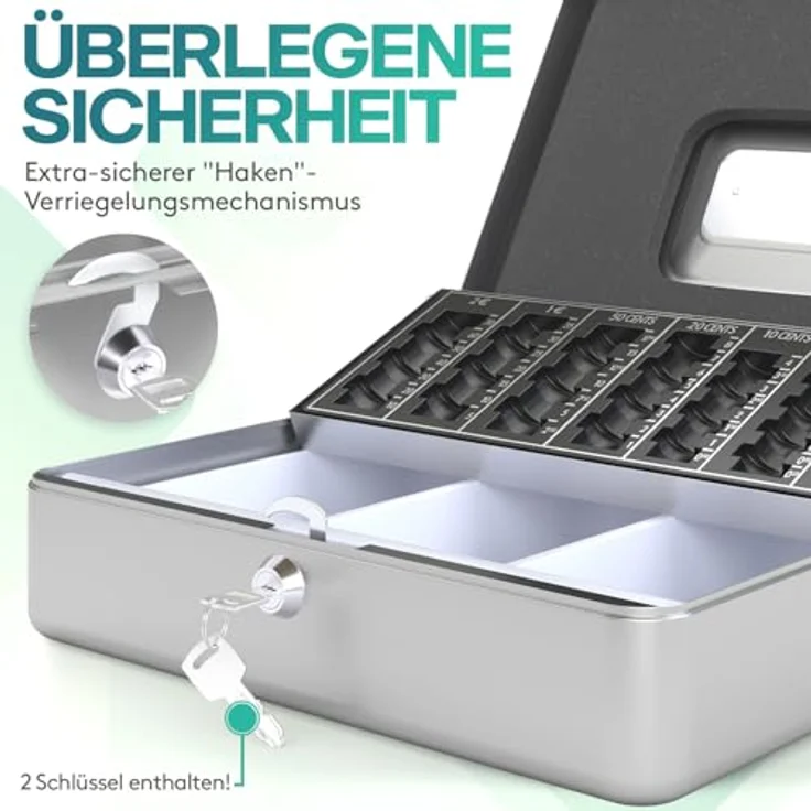 ACROPAQ Geldkassette abschließbar - Kasse mit Münzzählbrett, Groß 24 x 30 x 9 cm - Abschließbare Box, Geldkasse, Geldkoffer geeignet für Geldaufbewahrung - Silber - 10005S – Bild 4