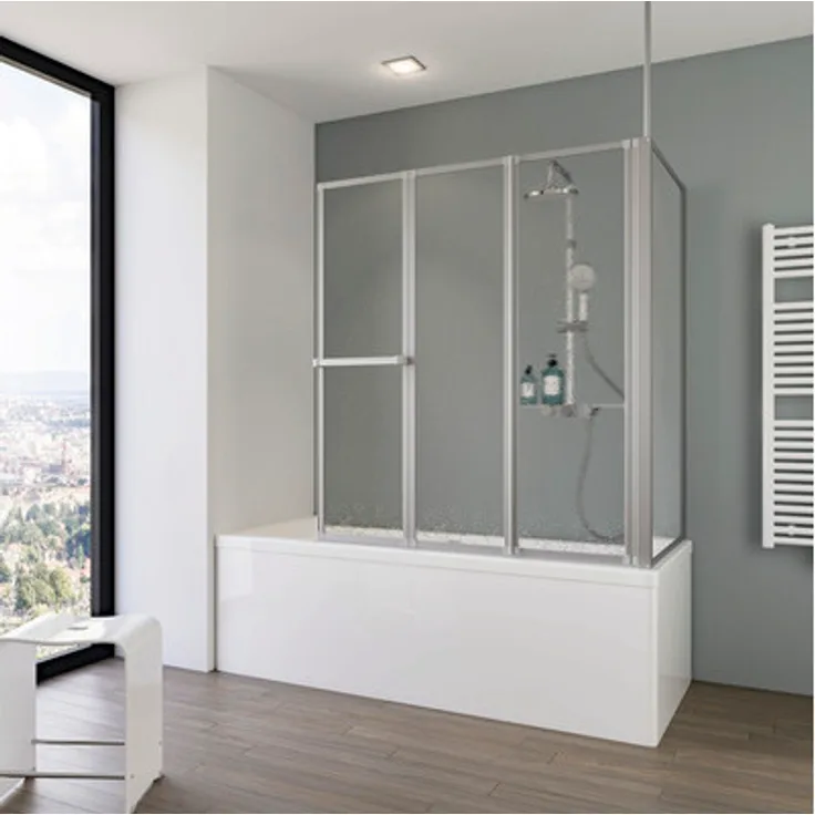 Schulte Badewannenaufsatz 3-teilig mit Seitenwand Komfort 1290,0 x 140 cm Glasdekor Tropfen aluminium D1603-B 01 01 140, smarte Duschlösung aus Kunstglas
