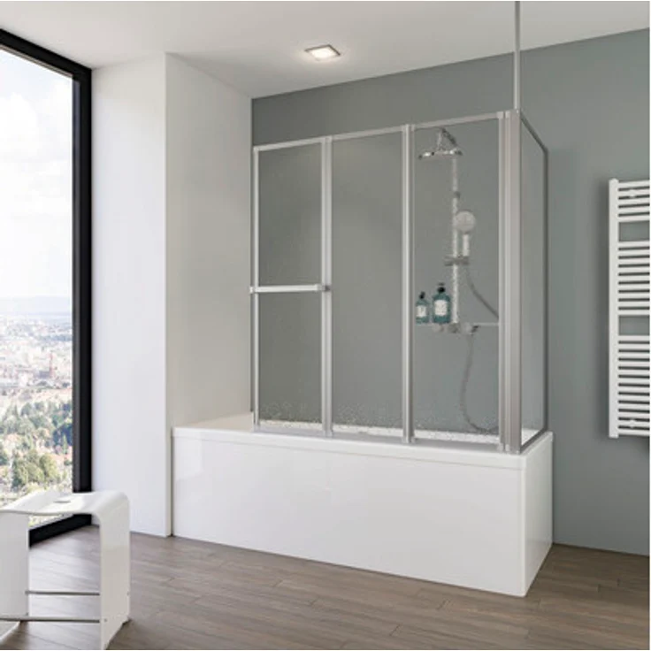 Schulte Badewannenaufsatz 3-teilig mit Seitenwand Komfort 1290,0 x 140 cm Glasdekor Tropfen aluminium D1603-B 01 01 140, smarte Duschlösung aus Kunstglas