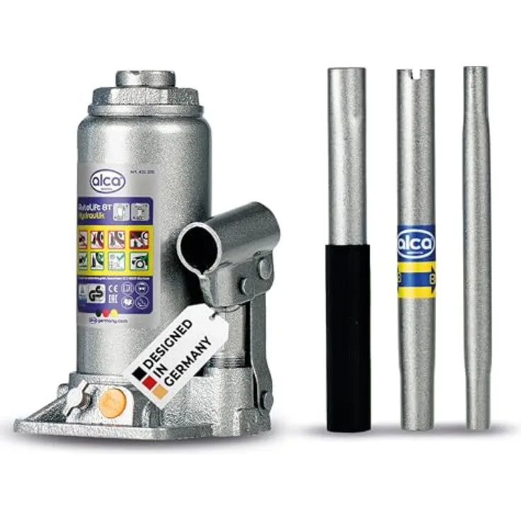 alca® Hydraulischer Wagenheber 8t, Stempelheber & Unterstellheber aus Stahl, Hubhöhe 185-355 mm, silber, für Auto, Motorrad & Werkstatt