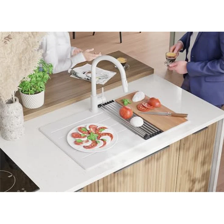 Primagran Spülbecken Kopenhagen Top, Granitspüle 1 Becken Weiß 78x50cm + Ablauf-Set + Schneidebrett, hitzebeständig & schmutzabweisend – Bild 3