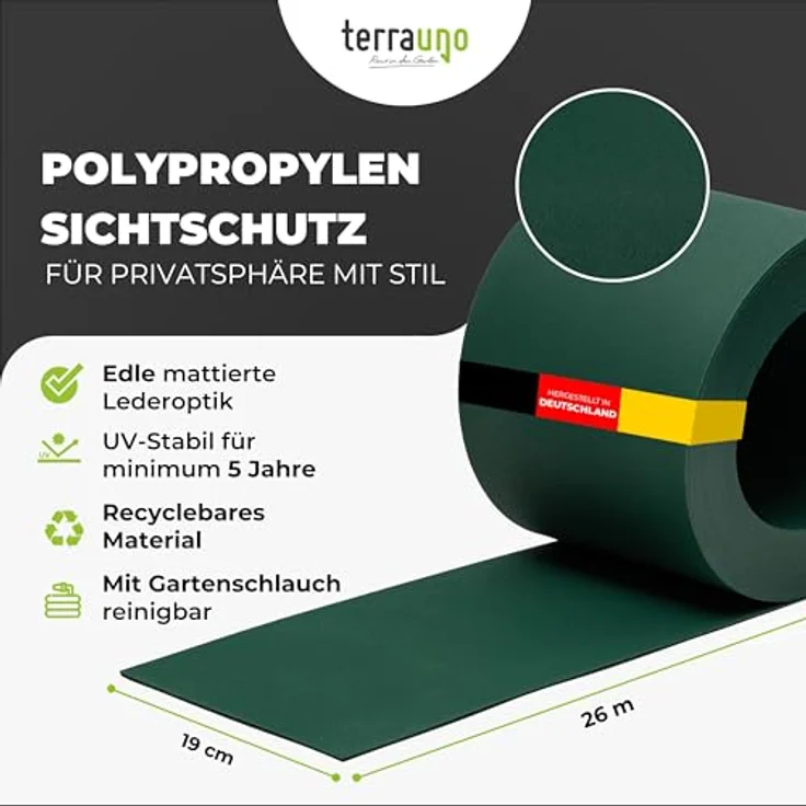 TerraUno Sichtschutzstreifen aus Polypropylen für Doppelstabmatten, RAL 6005 Grün, 26m x 19cm, UV-beständig und blickdicht, Lederoptik, Made in Germany – Bild 3