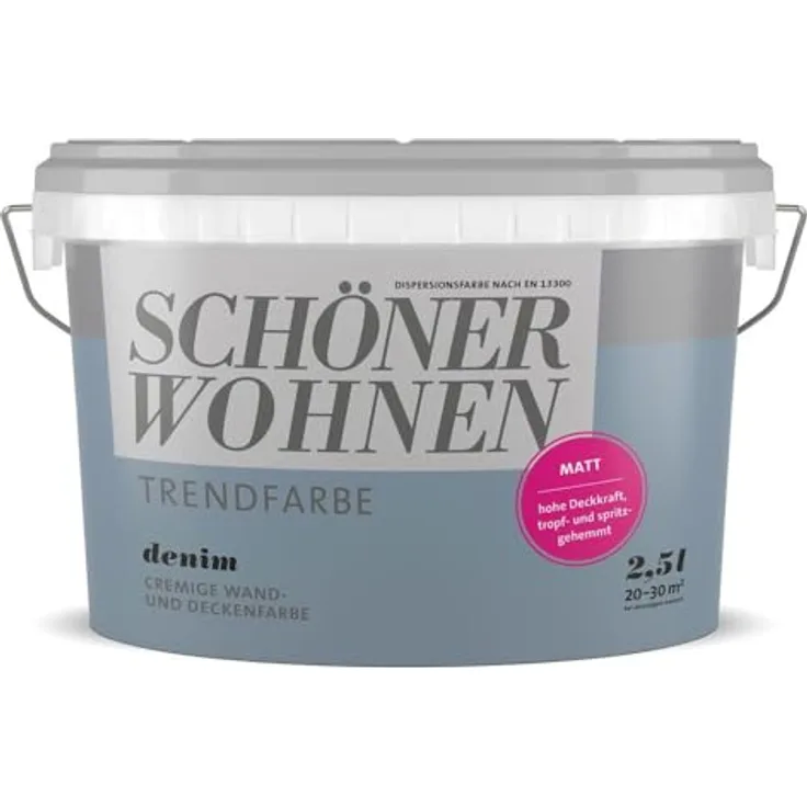 SCHÖNER WOHNEN FARBE SW Trend Wandfarbe matt 1,0L Denim 5565, lösemittel- und weichmacherfrei, scheuerbeständig, ideal für Neu- und Renovierungsanstriche