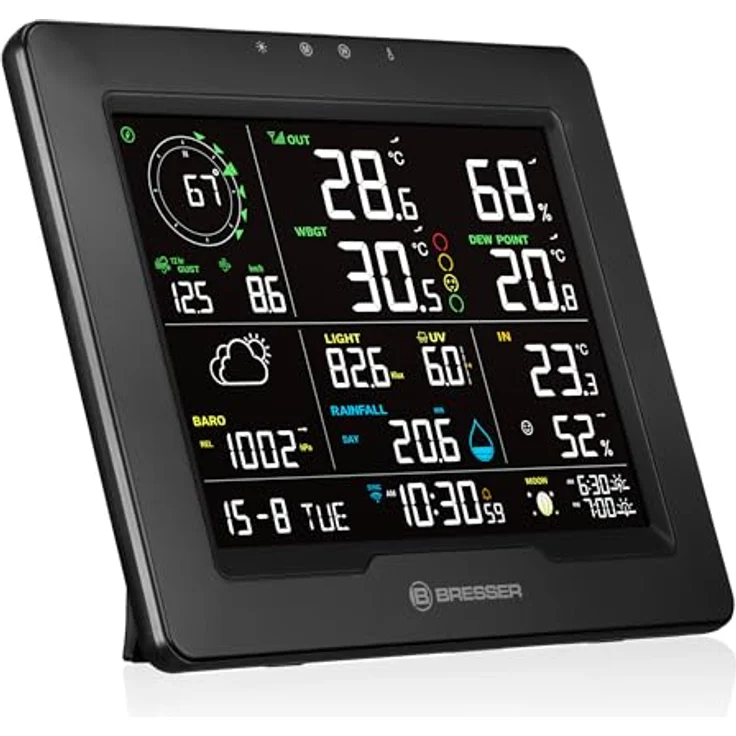 Bresser WLAN Wetterstation 8-in-1 mit Außensensor, WBGT-Hitzestress-Index, UV, Regen, Wind, Licht und App-Steuerung, schwarz – Bild 4