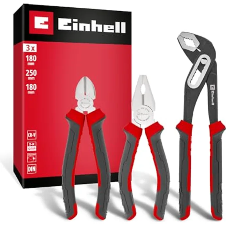 Einhell Zangen-Set 3-tlg., Seitenschneider 180 mm, Kombizange 180 mm, Wasserpumpenzange 250 mm, CV-Stahl, ergonomische Griffe, gehärtete Schneiden mit Korrosionsschutz