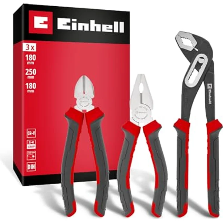 Einhell Zangen-Set 3-tlg., Seitenschneider 180 mm, Kombizange 180 mm, Wasserpumpenzange 250 mm, CV-Stahl, ergonomische Griffe, gehärtete Schneiden mit Korrosionsschutz – Bild 1