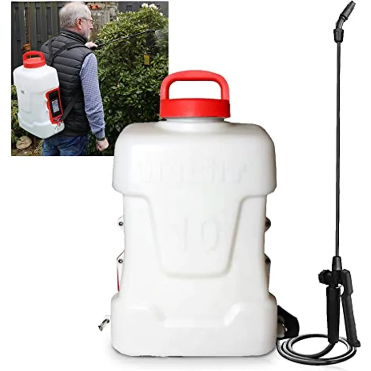 HECHT Drucksprüher Akku 10l, Rückenspritze mit 2,5 Ah Lithium-Ionen Akku, 4 Düsen, ergonomischem Schultergurt und 50 cm Lanze