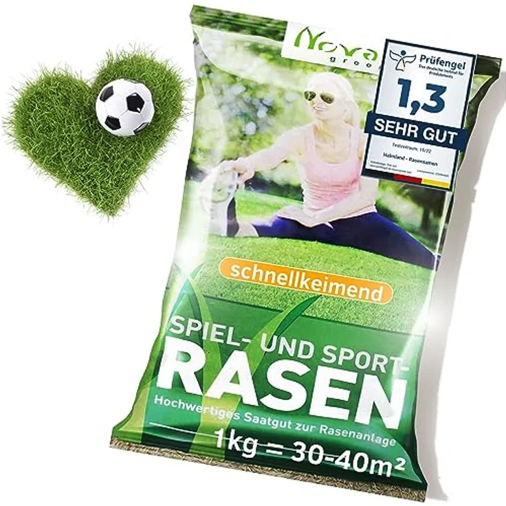 halmland Premium Rasensamen schnellkeimend, 1kg für 30-40m², strapazierfähiger Sport- und Spielrasen, trockenresistent, ideal für Nachsaat und Reparatur