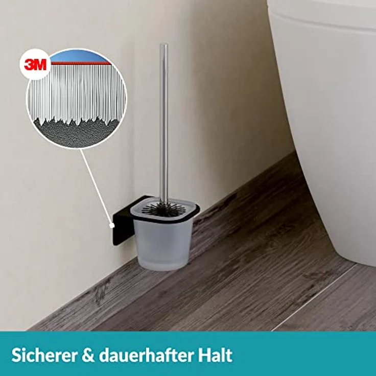 WEISSENSTEIN Toilettenbürstenhalter Set zur Wandmontage ohne Bohren - WC-Garnitur Set mit Bürste, Bürstenhalter aus Glas, schwarzer Edelstahl Halterung zum Kleben – Bild 5