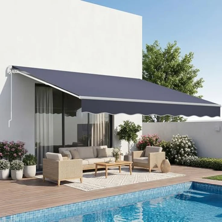 VEVOR Gelenkarmmarkise 4x3 m, Einziehbare Markise mit UPF 80+ Sonnenschutz, Handkurbel und verstellbarem Beschattungswinkel, Grau – Bild 1