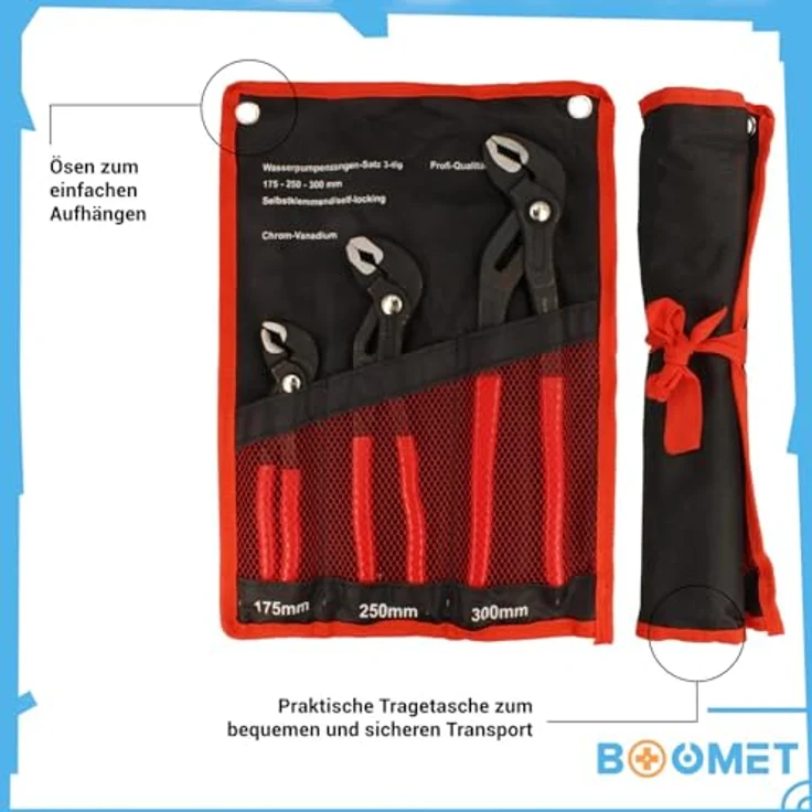 BOOMET Wasserpumpenzange Set · 3er Set 175mm 250mm 300mm · Verstellbare Rohrzange mit Druckknopf · Zangenschlüssel mit Feinverstellung per Knopfdruck · Chrom-Vanadium-Stahl · Ergonomische Griffe · Vielseitig einsetzbar – Bild 4