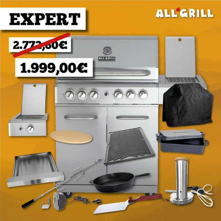 ALLGRILL Gasgrill ALLROUNDER L, Volledelstahl, 4 Brenner, 35 Jahre Jubiläumsaktion inkl. EXPERT Zubehörset, Silber