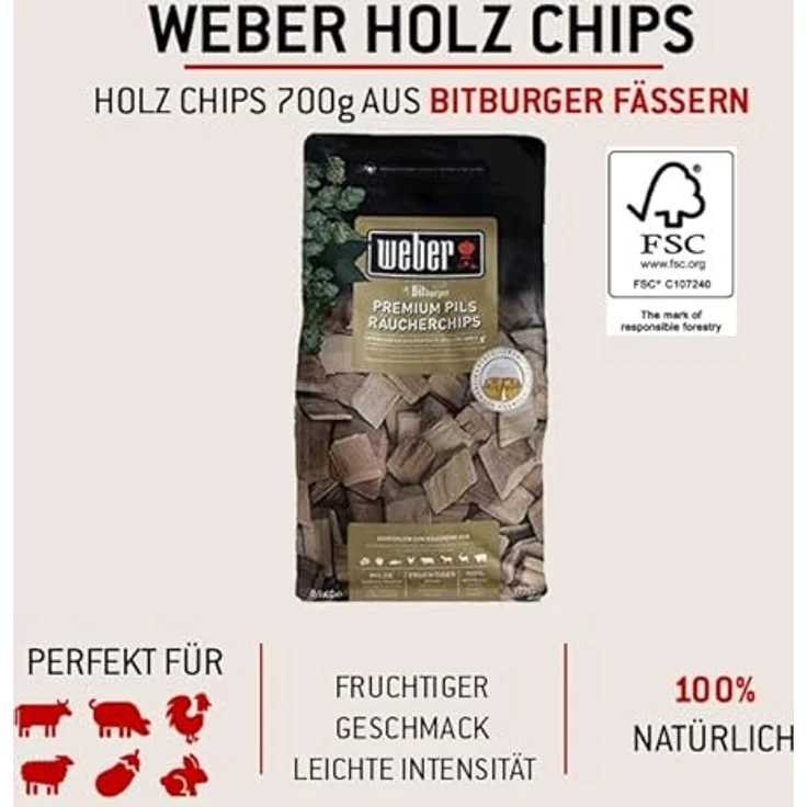 Weber 17782 R„ucherchips Bitburger Premium Pils, 700g, fr alle Fleisch-, Gemse- und K„sesorten, sá-fruchtiger Geschmack, R„uchern, Aroma, Grillen – Bild 3