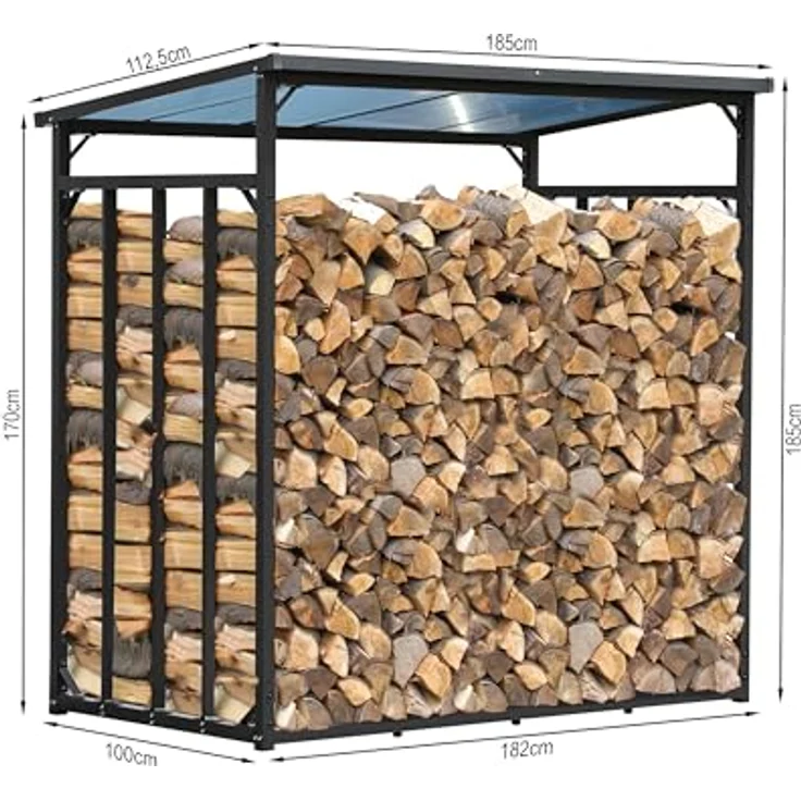 QUICK STAR Metall Kaminholzregal Außen 185 x 100 x 185 cm, Wetterschutz Transparent, Anthrazit, 3,5 m³ Kapazität, Wetterfest, 30 mm Stahlprofil, XXXL Garten Kaminholzunterstand – Bild 2