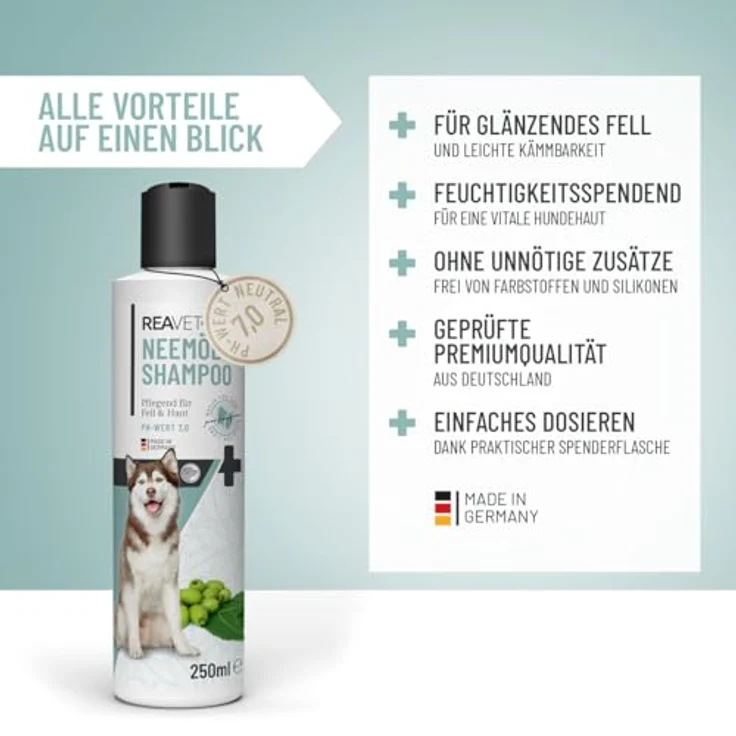 TESTURTEIL SEHR GUT 09/23 ReaVET Hundeshampoo - Neemöl gegen Milben, Flöhe, Zecken & Parasiten, 250 ml - Parasiten Shampoo, alle Rassen, angenehmen Duft & auf Hundehaut angepasst, Welpen geeignet – Bild 2