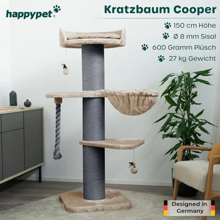 HAPPYPET Premium Kratzbaum Grosse Katzen Stabil 'Cooper' – Katzenbaum, Kletterbaum, für Maine Coon, Natursisal, Dicke Stämme mit 20 cm, 150 cm Hoch, Cappuccino - Preisvergleich – Bild 2