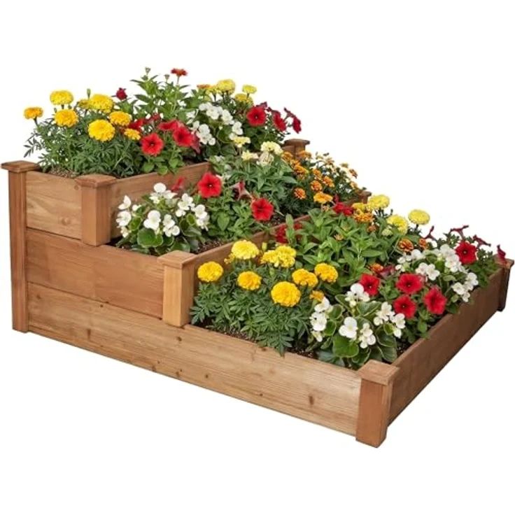 needs&wants® Hochbeet Steppy1, großes Stufenbeet aus braun lasiertem Tannenholz, 3 Etagen, Pflanzbeet XL für Garten und Terrasse, 400 l Volumen – Bild 1