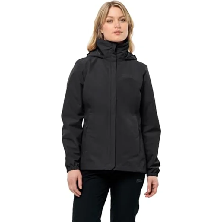 Jack Wolfskin Stormy Point 2L Jkt W, robuste wasserdichte Damenjacke mit verstaubarer Kapuze, Schwarz, XL