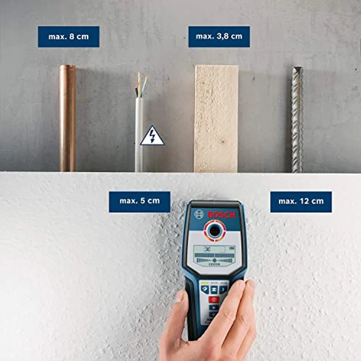 Bosch Professional digitales Ortungsgerät GMS 120 (Bohrlochmarker, max. Detektionstiefe Holz-Eisenmetalle-Nichteisenmetalle-spannungsführende Leitungen 38-120-80-50 mm) - Amazon Exclusive Set – Bild 3
