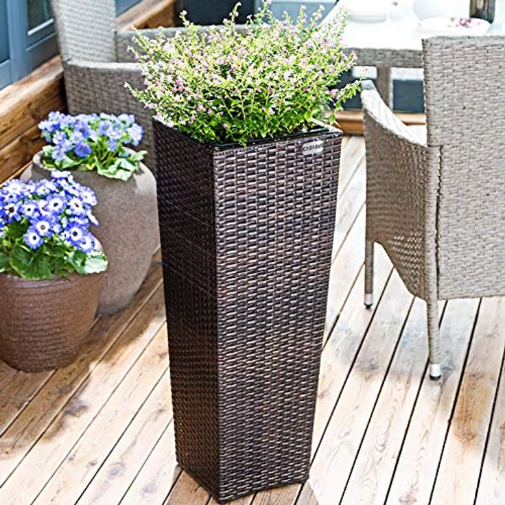 Casaria® Blumentopf 3er Set Polyrattangeflecht Übertopf Wasserabfluss Rattanoptik Outdoor Pflanzkübel Blumenkasten Braun – Bild 2