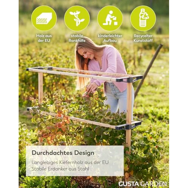 Gusta Garden Berry Buddy - Flexible Rankhilfe für Beeren: Himbeeren, Brombeeren & Heidelbeeren, erweiterbar, produziert in der EU, Rankgitter aus Holz (120cm) – Bild 2