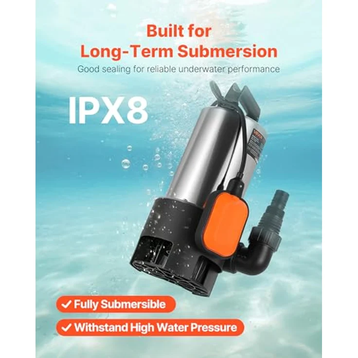 VEVOR 710W Tauchpumpe, 20000l/h Schmutzwasserpumpe mit automatischem Schwimmerschalter, 9m Förderhöhe für Pools und Teiche, Edelstahlgehäuse IPX8 – Bild 5