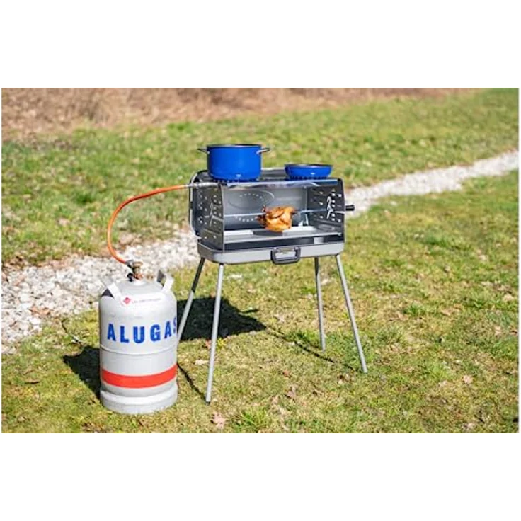 BERGER Camping Gasgrill Klappbar | Tragbarer Koffergrill mit 3 Brenner | 50 mbar für schnelles Kochen | 3 Kochstellen & ein Grillspieß inklusive | Für das ultimative Grillvergnügen – Bild 4