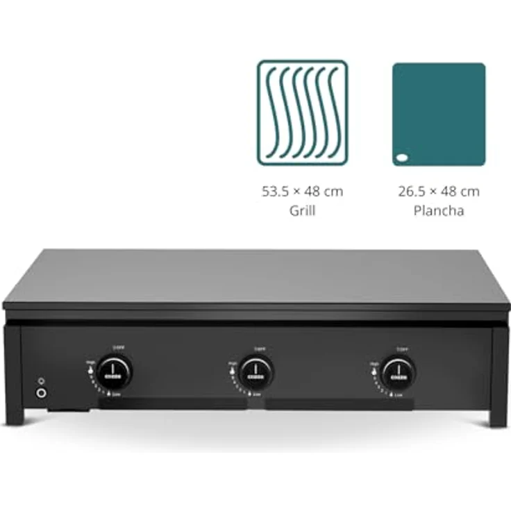 Cozze® Combo 900, 2-in-1 Gasgrill und Plancha in schwarz, 3 Brenner mit Deckel & Thermometer, Emaille-Gusseisen-Plancha-Griddle – Bild 4