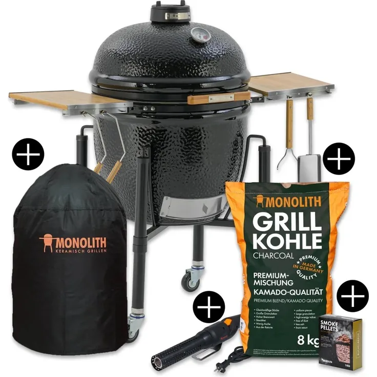 Monolith ONE.66 Keramikgrill, XL-Grillstation mit Smart Grid System, Gestell und Zubehör-Starterpaket, Schwarz