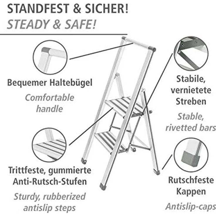 WENKO Leichte Aluminium Trittleiter mit 2 Stufen für 50 cm höheren Stand, rutschsichere XXL-Stufen, Design Klapptrittleiter mit 44 x 101 x 5,5 cm, Süd zertifiziert, weiß – Bild 2