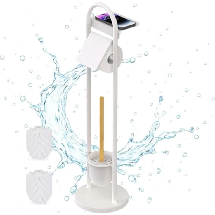 Relaxdays WC-Garnitur, Rollenhalter mit Ablage & Bürstenhalter, Eisen/Bambus, weiß/Natur, HxBxT: 79 x 21,5 x 21,5 cm, freistehend, stabil mit rutschfestem Zementfuß – Bild 2