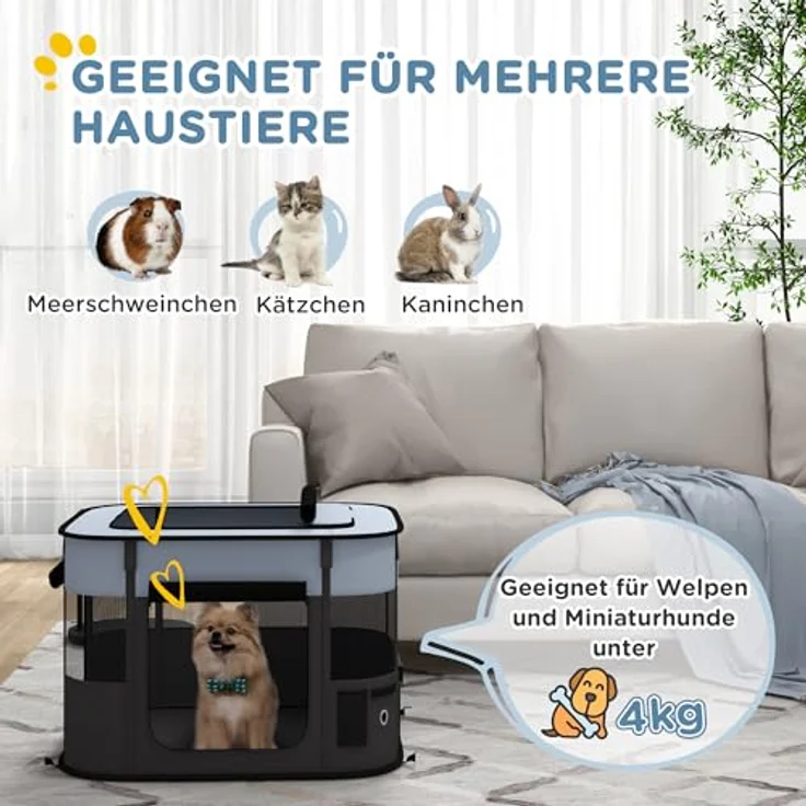PawHut Welpenauslauf, faltbarer Welpenlaufstall mit Türen und Fenstern, atmungsaktives Netz, für Hunde bis 4 kg, grau, 74 x 60 x 45 cm, Indoor und Outdoor – Bild 3