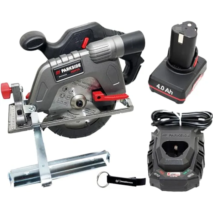 HEADNMORE Bundle - PARKSIDE PERFORMANCE 12V Akku Handkreissäge PHKSAP 12 + HEADNMORE Schlüsselanhänger (1x4Ah Akku) - Constant Power Control, Kompaktes Design, Bürstenloser Motor, LED-Arbeitsleuchte (Aluminium/Kunststoff, Rot)