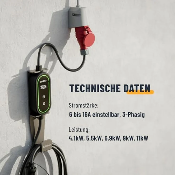 Absina mobile Ladestation Wallbox Typ 2, 11 kW, 6,4 m Kabel, schwarz, mit einstellbarem Ladestrom, IP67 wasserdicht und sicherem Überfahrschutz – Bild 4