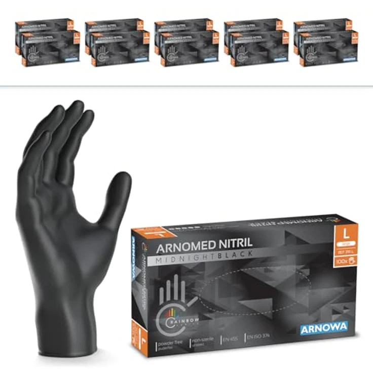 ARNOMED Einweghandschuhe Schwarz, Nitrilhandschuhe L, puderfrei, 1000 Stück (10x100), lebensmittelecht, hautfreundlich, reißfest – Bild 1